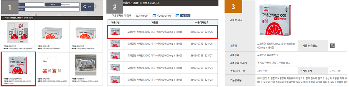 1.제품명 검색 결과 화면, 2.결과목록클릭 후 이력번호별 제품목록 화면,  3.제품상세정보 화면